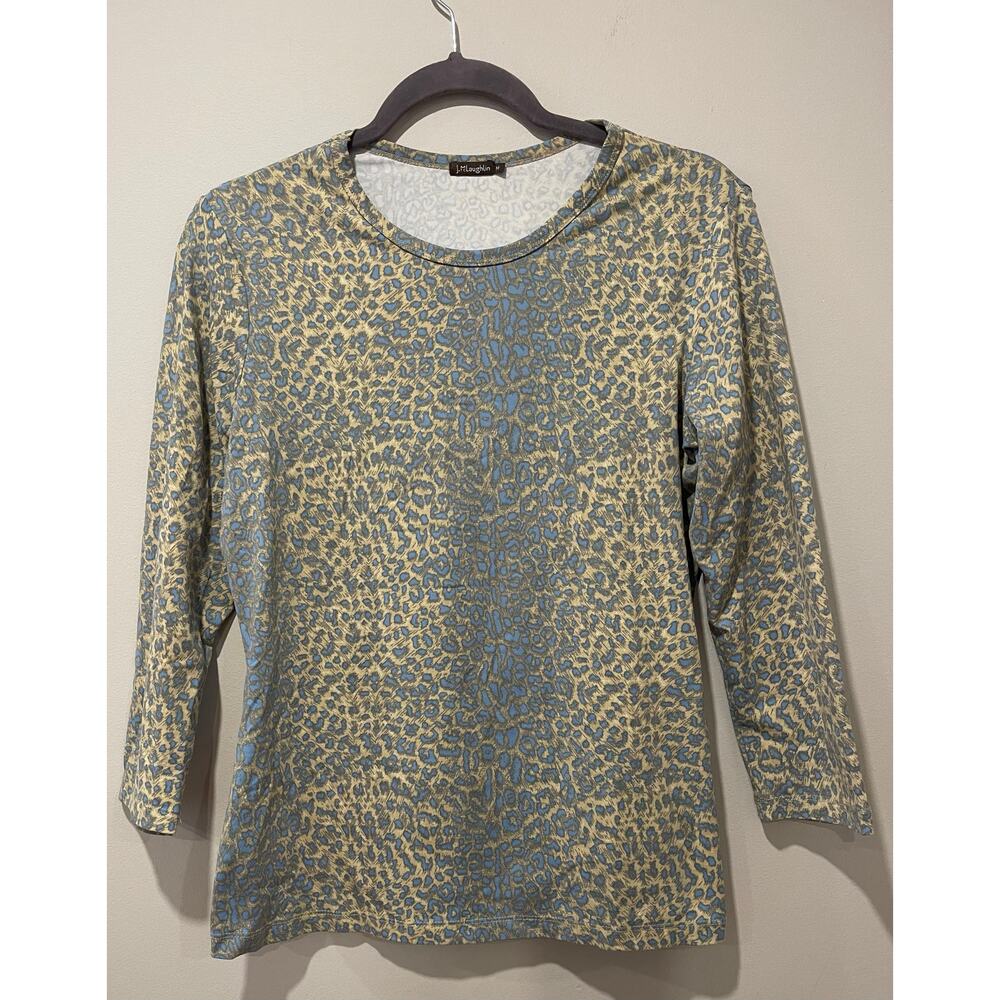 J McLaughlin Women’s Blue Tan Animal Print Leopard 3/4‎ Sleeve Top Shirt Medium